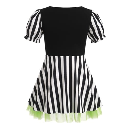 IMEKIS Women Black & White Striped Halloween Tulle Lace-Up Gothic Cosplay Dress