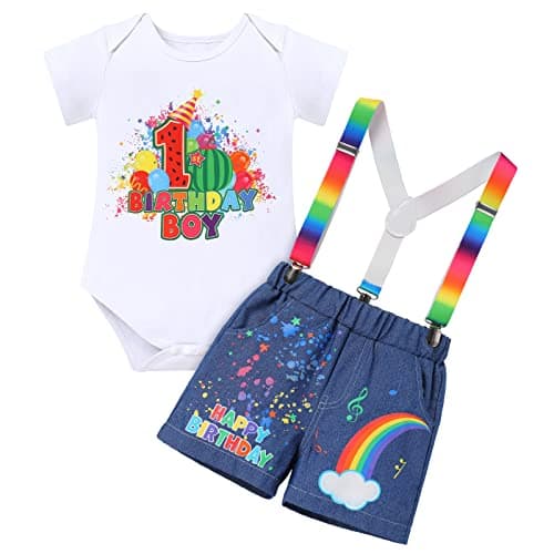Toddler Boys Birthday Outfit with Melon Print: Romper Top, Jeans Shorts, and Suspenders
