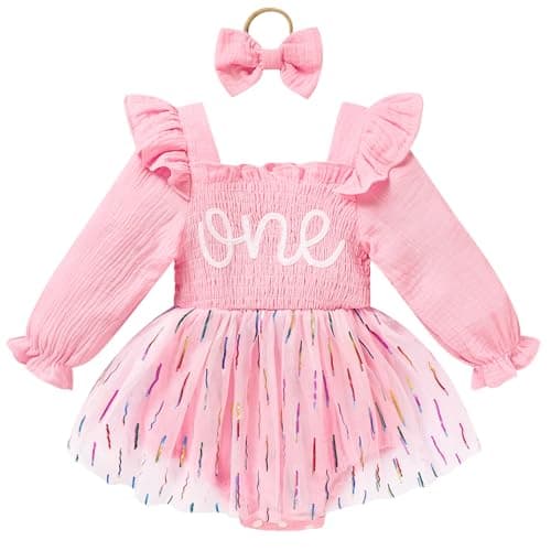 TITKKOP Baby Girl 1st Birthday Tulle Romper Long Sleeve Cake Smash Outfit