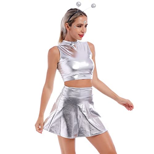 Alien Costume Metallic Crop Top + Holographic Mini Skirt + Headband - Halloween Rave Outfit