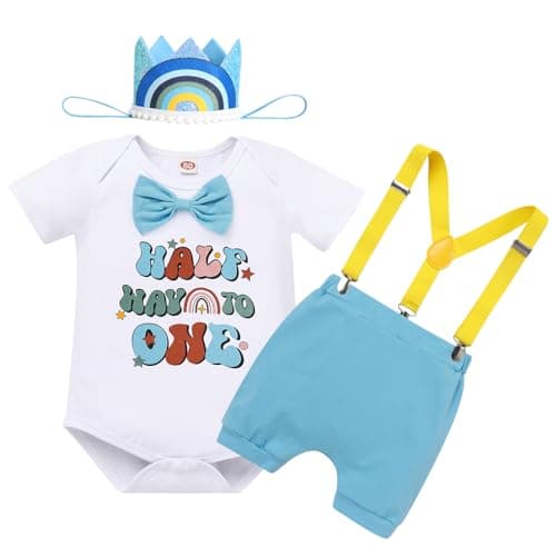 Half Birthday Outfit for Baby Boy: Romper, Suspenders, Crown Smash Cake Set