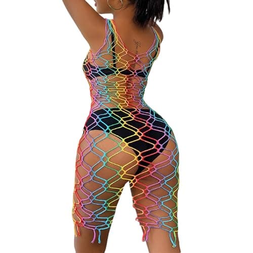 MINGSEECESS Women's Rainbow Striped See-Through Bodysuit Bikini Cover-Up