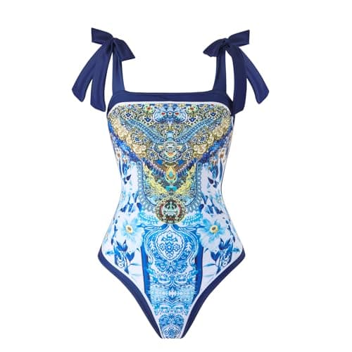 Cerdexon Women's Retro Floral Print One Piece Bathing Suit with Cover Up Skirt