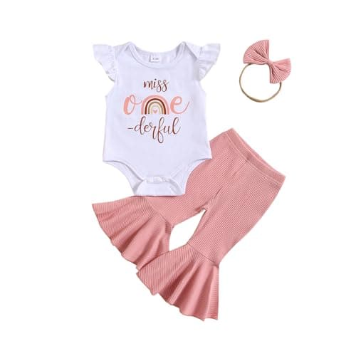 Onederful Baby Girl 1st Birthday Bell Bottom Romper Set Summer Clothes