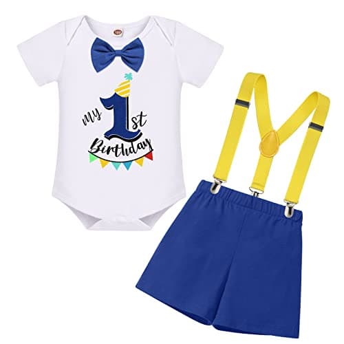 Baby Boy First Birthday Outfit with Bunting Flag Bow Tie Bodysuit Shorts Suspenders