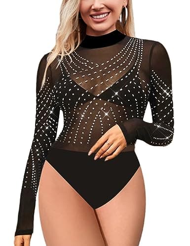 Sexy Rhinestone Studded Sheer Mesh Bodysuit for Women