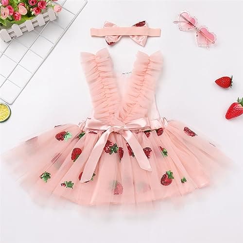 Toddler Baby Girls Strawberry Cherry Dress with Headband for Cake Smash Photo Shoot