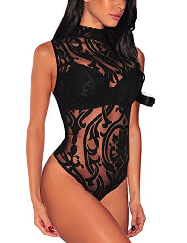 Sheer Mesh Long Sleeve Bodysuit for Women