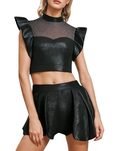 ODASDO Women Shiny Metallic Dance Outfit Crop Top + Skirted Shorts Set