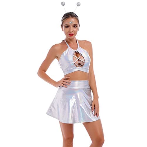 Alien Costume Metallic Crop Top + Holographic Mini Skirt + Headband - Halloween Rave Outfit