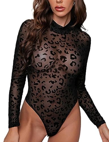 Sexy Rhinestone Studded Sheer Mesh Bodysuit for Women