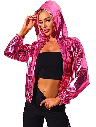 Holographic Shimmer Zipper Hooded Metallic Jacket for Women