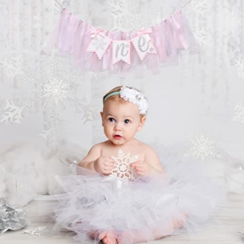 LINLULU Winter Onederland 1st Birthday Snowflake Banner, Silver Glitter & Pink Tulle