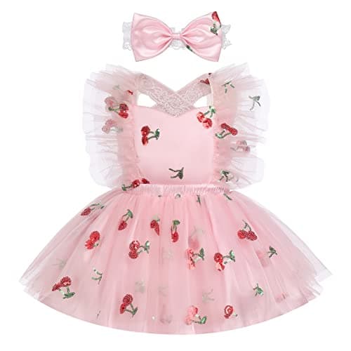 Toddler Baby Girls Strawberry Cherry Dress with Headband for Cake Smash Photo Shoot