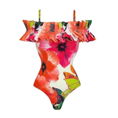 IMEKIS Women's Floral Print 2-Piece Swimsuit Set with Ruffle Cover-Up
