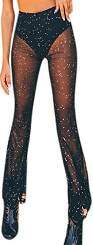 Mookyun Women's Sparkly Sheer Mesh Bell Bottom Pants for Festival Dance Clubwear