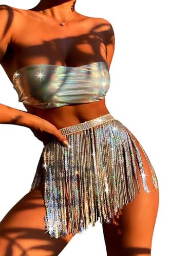 EVELUST Women's metallic holographic bodysuit & skirt set for EDC festivals