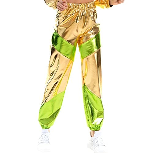 IMEKIS Women's High Waist Metallic Rave Jogger Pants Hip Hop Streetwear