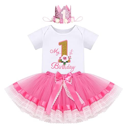 IBTOM CASTLE Baby Girl 1st Birthday Floral Lace Romper & Tutu Set+Crown Photo Clothes