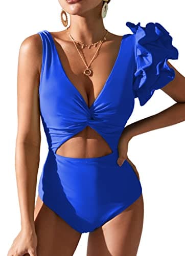 SPORLIKE Women Twist Front Flounce Padded One Piece Swimsuit