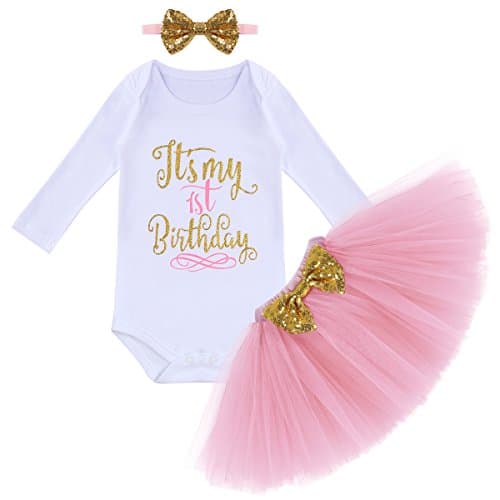 OwlFay Baby Girl 1st Birthday Crown Romper & Skirt + Bow Headband Party Dress Set
