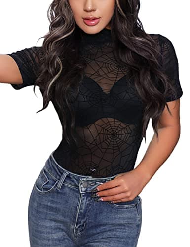Sheer Mesh Turtleneck Bodysuit for Ladies