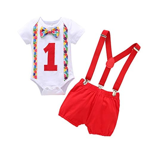 Baby Boy First Birthday Outfit with Bunting Flag Bow Tie Bodysuit Shorts Suspenders