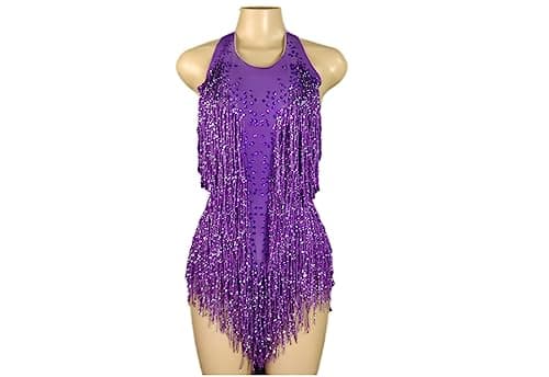 HEYDHSDC Sparkly Crystals Fringe Bodysuit Dance Costume