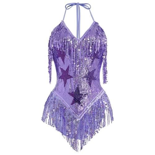 FYMNSI Women's Rave Bodysuit: Sleeveless Sequin Tassel Leotard for Nightclub and Halloween