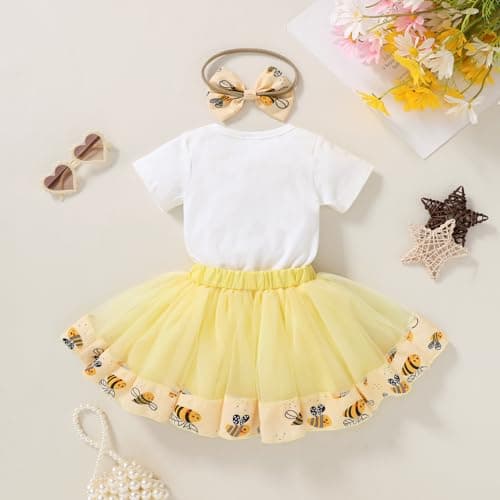 HAPPYMA Bee Sunflower Romper Tulle Tutu 1st Birthday Outfit