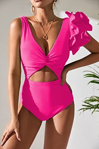 SPORLIKE Women Twist Front Flounce Padded One Piece Swimsuit