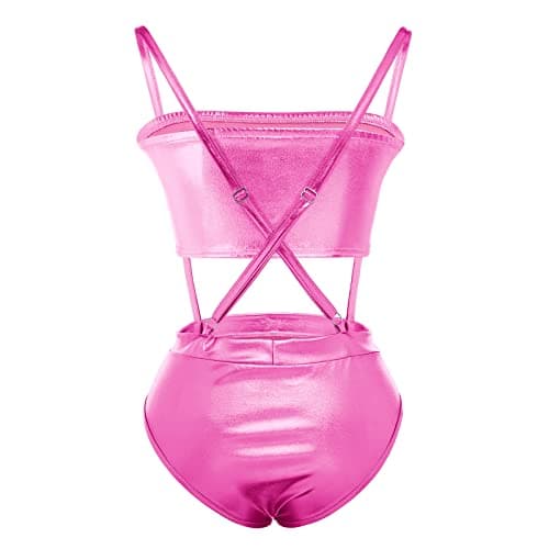 IMEKIS Women Metallic Rave Outfit Crop Top Bodysuit for Music Festivals and Halloween Costume