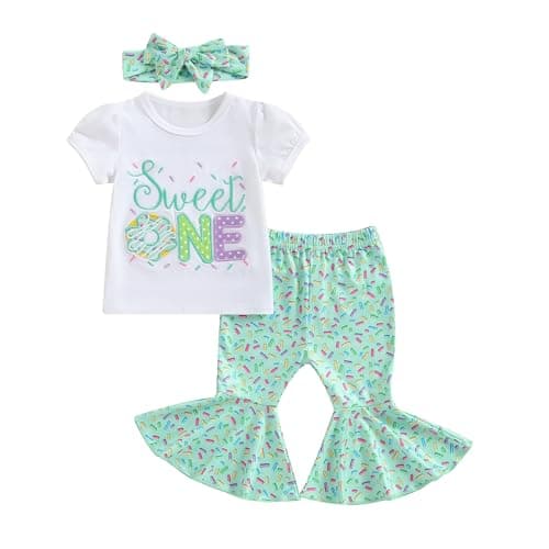 3Pcs Baby Girl Birthday Outfit Sweet One Two Short Sleeve T-Shirt Tops Bell Bottom Pants Set
