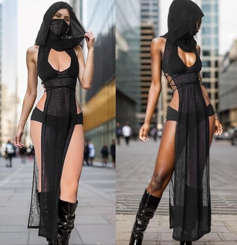 Milelook Goth High-Slit Sheer Mock Neck Sleeveless Coverup
