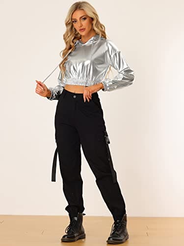 Holographic Metallic Crop Top Hoodies for Women