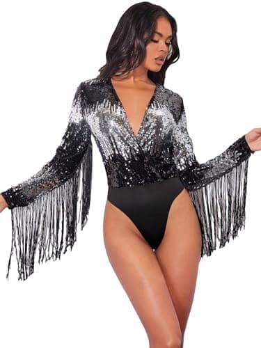 Sparkly Fringe Trim Deep V Neck Party Bodysuit for Women