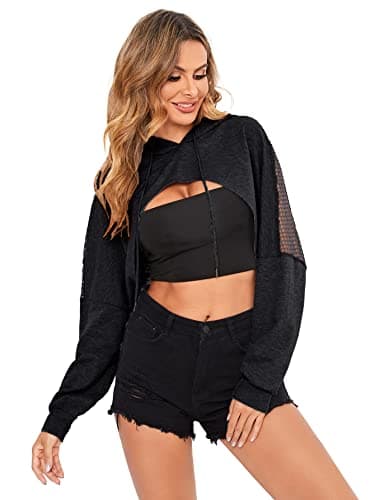 Verdusa Sheer Fishnet Drop Shoulder Hoodie Crop Sweatshirt