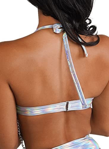 EDC Metallic Holographic Body Chain Harness Top & High Waist Bottom Festival Dance Bikini