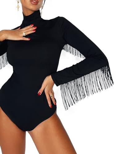 Black Fringe Long Sleeve Bodysuit for Women