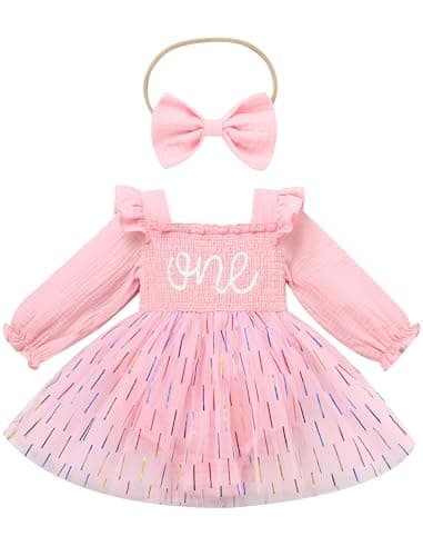 ODASDO Baby Girls First Birthday Square Neck Ruffle Tutu Romper Dress with Bow Headband