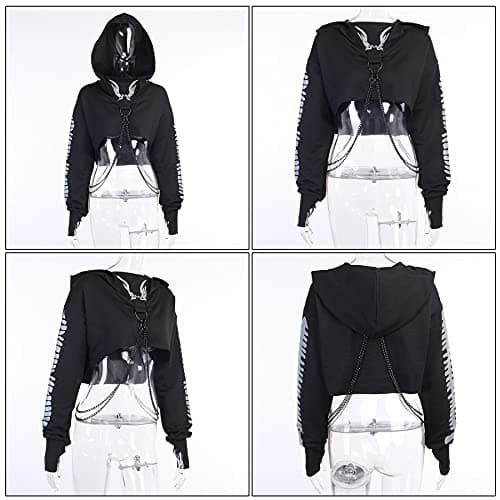 Goth Skeleton Hoodie Crop Top with Iron Chain for Halloween Festival