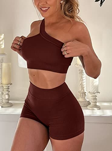 OLCHEE Women's 3-Piece Seamless Yoga Outfit - High Waist Shorts & One-Shoulder Sports Bra