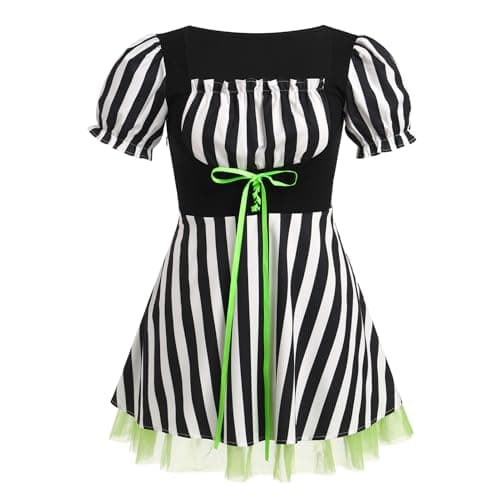 IMEKIS Women Black & White Striped Halloween Tulle Lace-Up Gothic Cosplay Dress