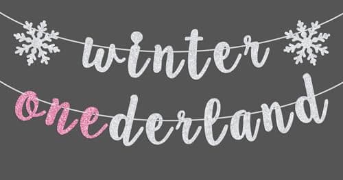 Ferburitar Snowflake Winter 1st Birthday Banner, Silver & Pink Glitter