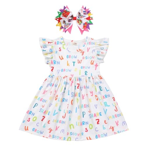 IMEKIS Girls' Back to School Pencil Print Dress with Hair Bow 4-7T