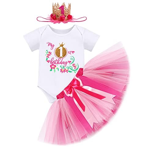 ODASDO Baby Girl's First Birthday Outfit with Flower Print Romper & Tutu Skirt Set