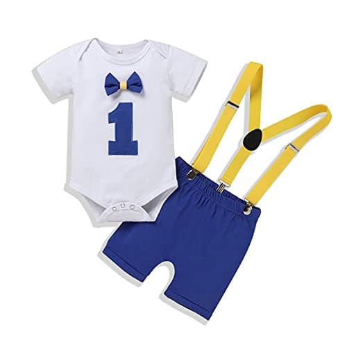 Baby Boy First Birthday Outfit with Bunting Flag Bow Tie Bodysuit Shorts Suspenders