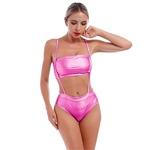 IMEKIS Women Metallic Rave Outfit Crop Top Bodysuit for Music Festivals and Halloween Costume