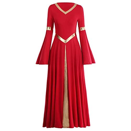 IMEKIS Metallic V Neck Praise Dance Dress Bell Sleeve Robe for Women