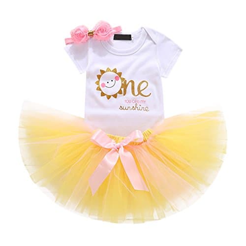 OwlFay Baby Girl 1st Birthday Crown Romper & Skirt + Bow Headband Party Dress Set